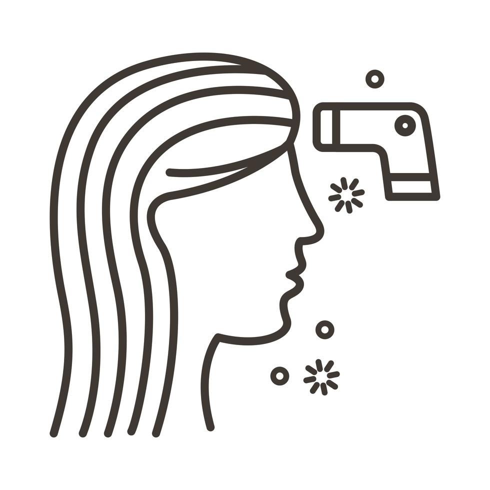 woman and thermometer laser with covid19 particles line style vector