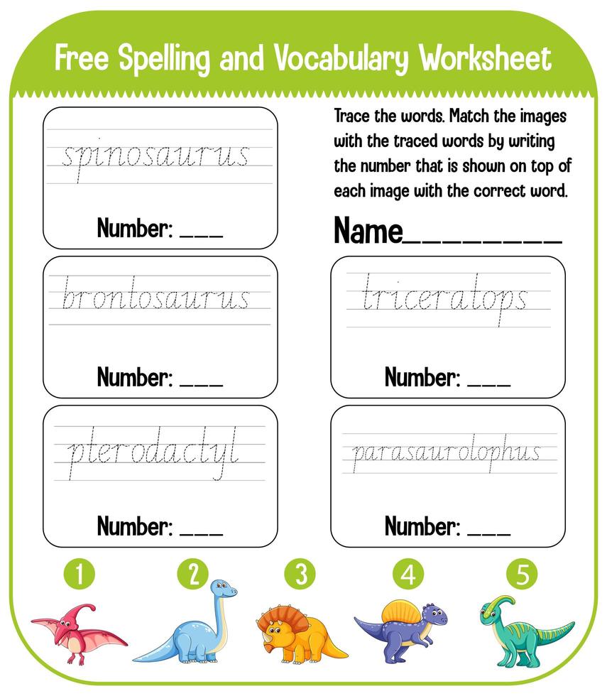 Set of spelling words dinosaur handwriting practice worksheet vector