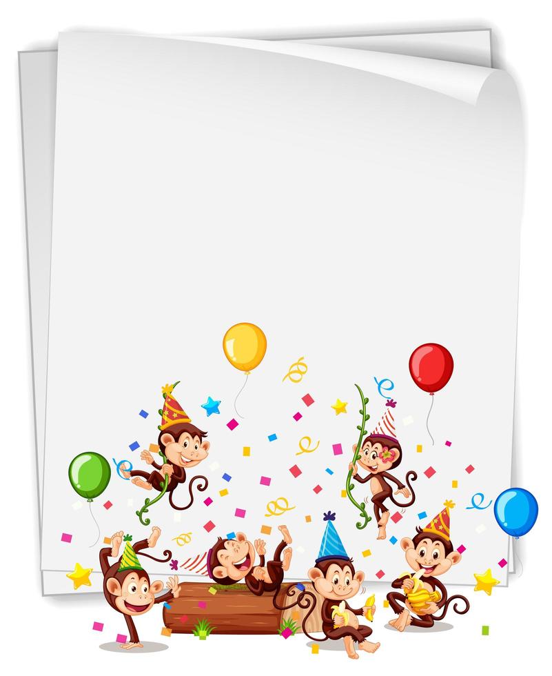 Banner en blanco con muchos monos en tema de fiesta. vector