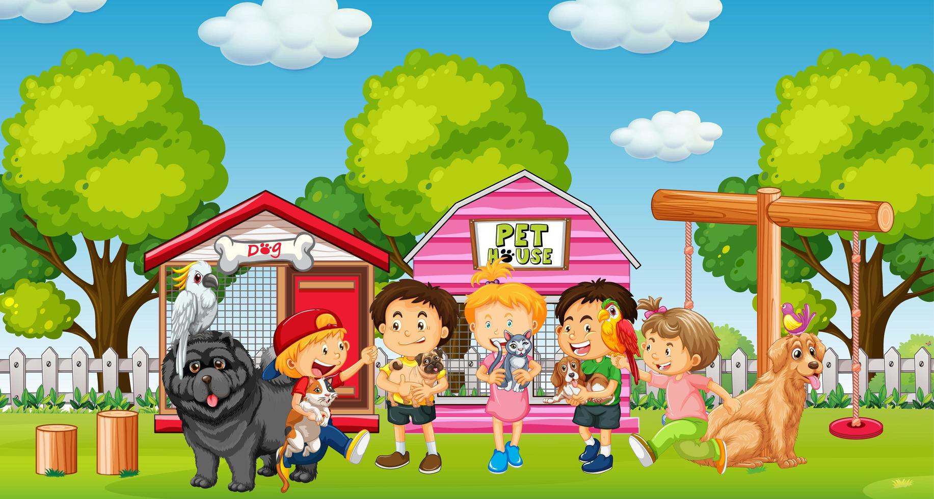 Group of pet with owner in playground scene vector