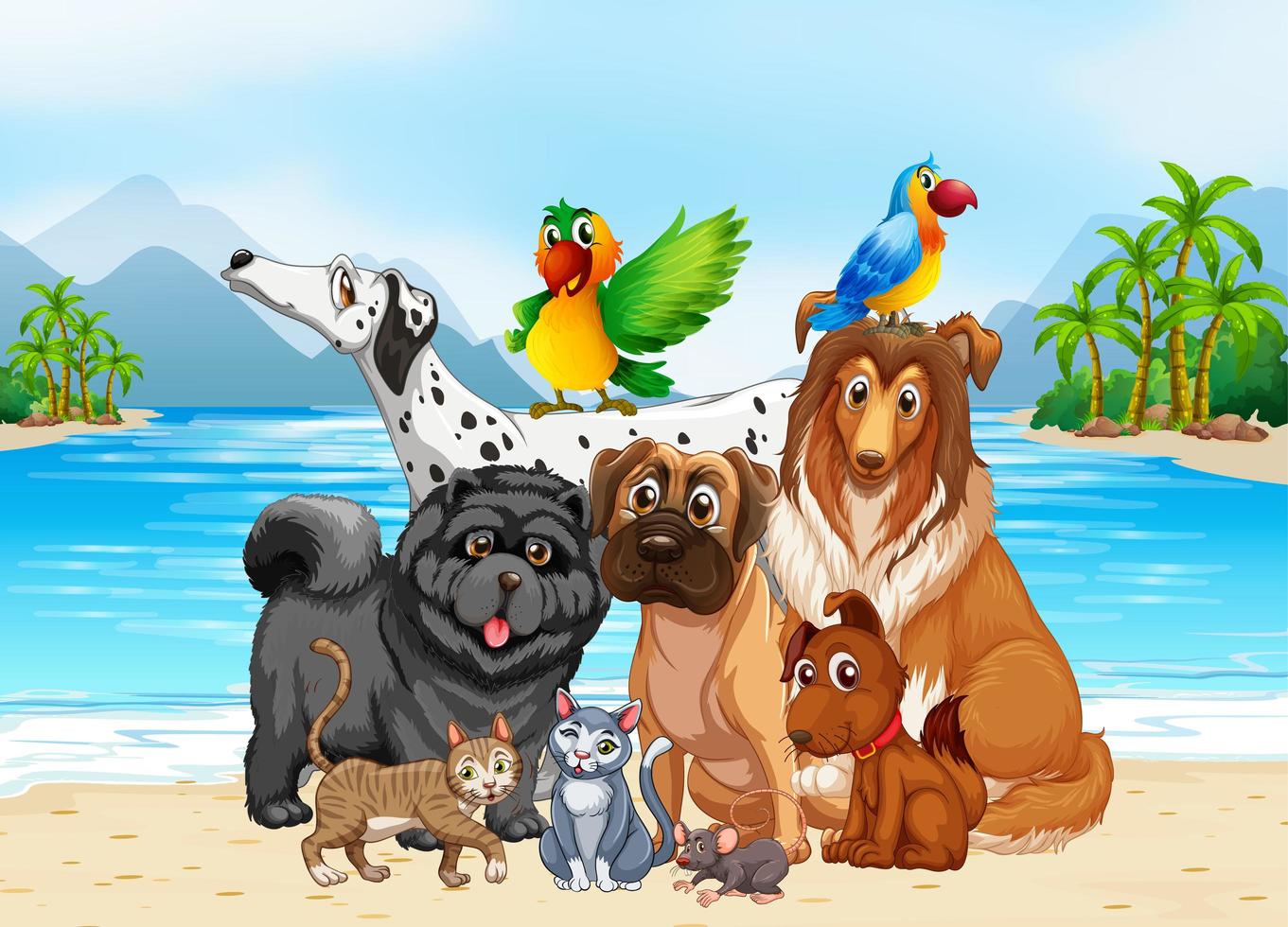 Escena al aire libre en la playa con un grupo de mascotas. vector