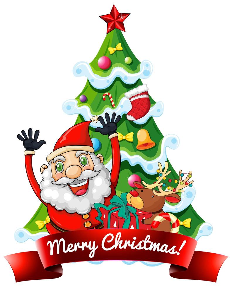 Merry Christmas font banner with Santa Claus and Reindeer on white background vector