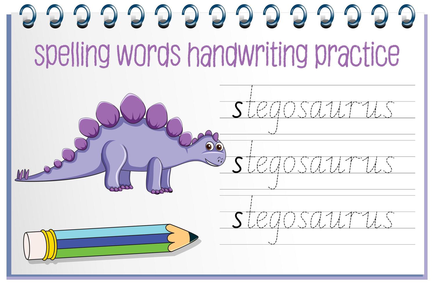 Spelling words dinosaur handwriting practice worksheet vector