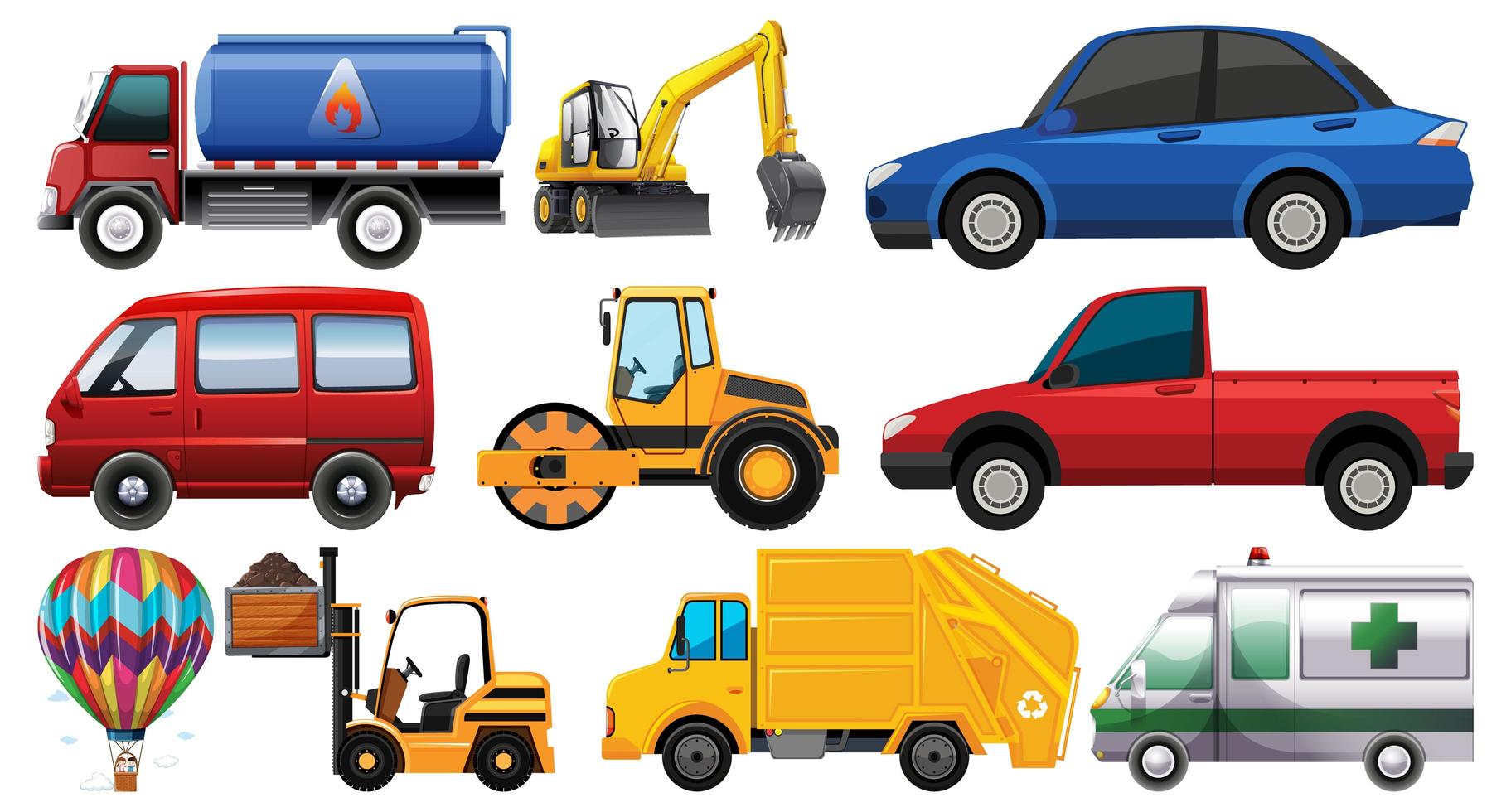 Set of different kind of cars and trucks isolated on white background vector