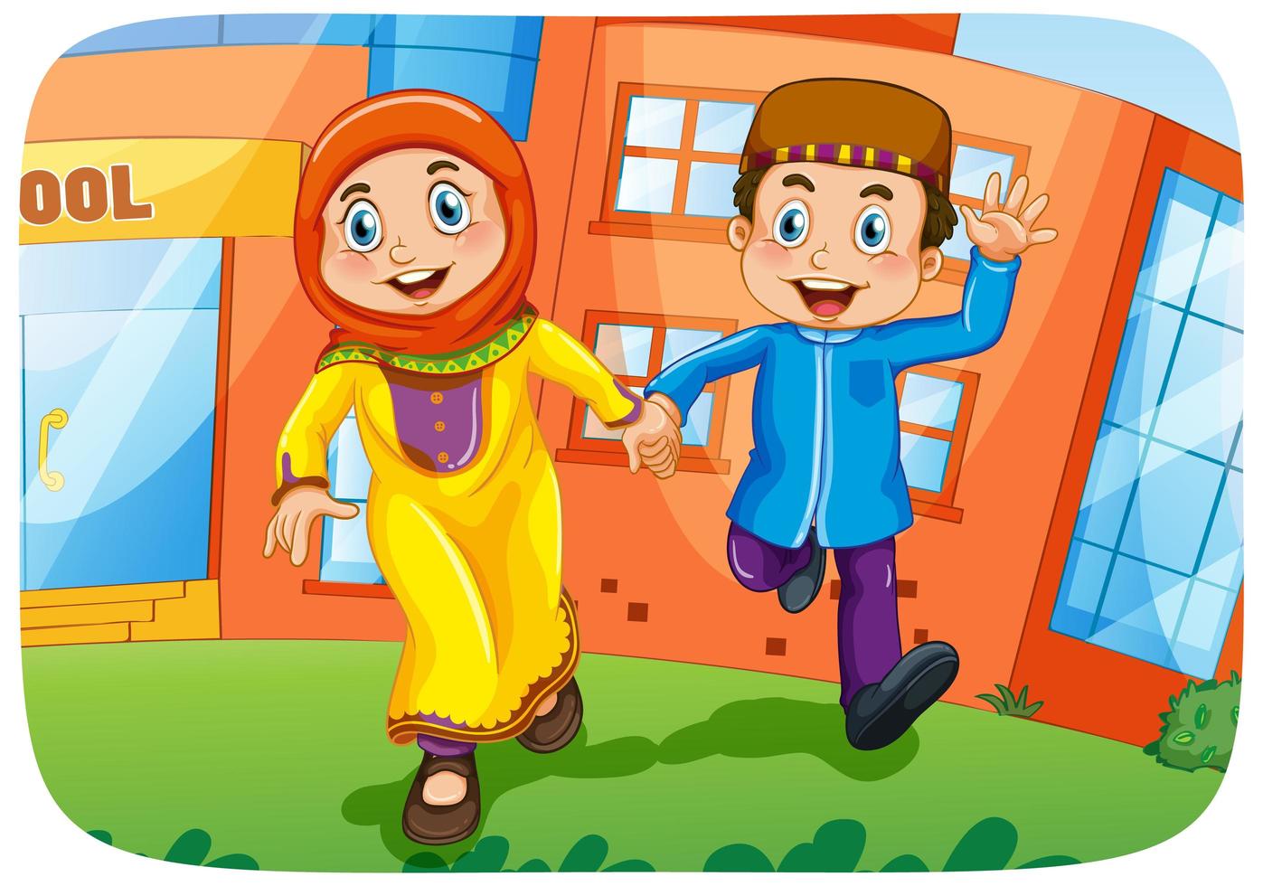 Muslim sister and brother cartoon character vector