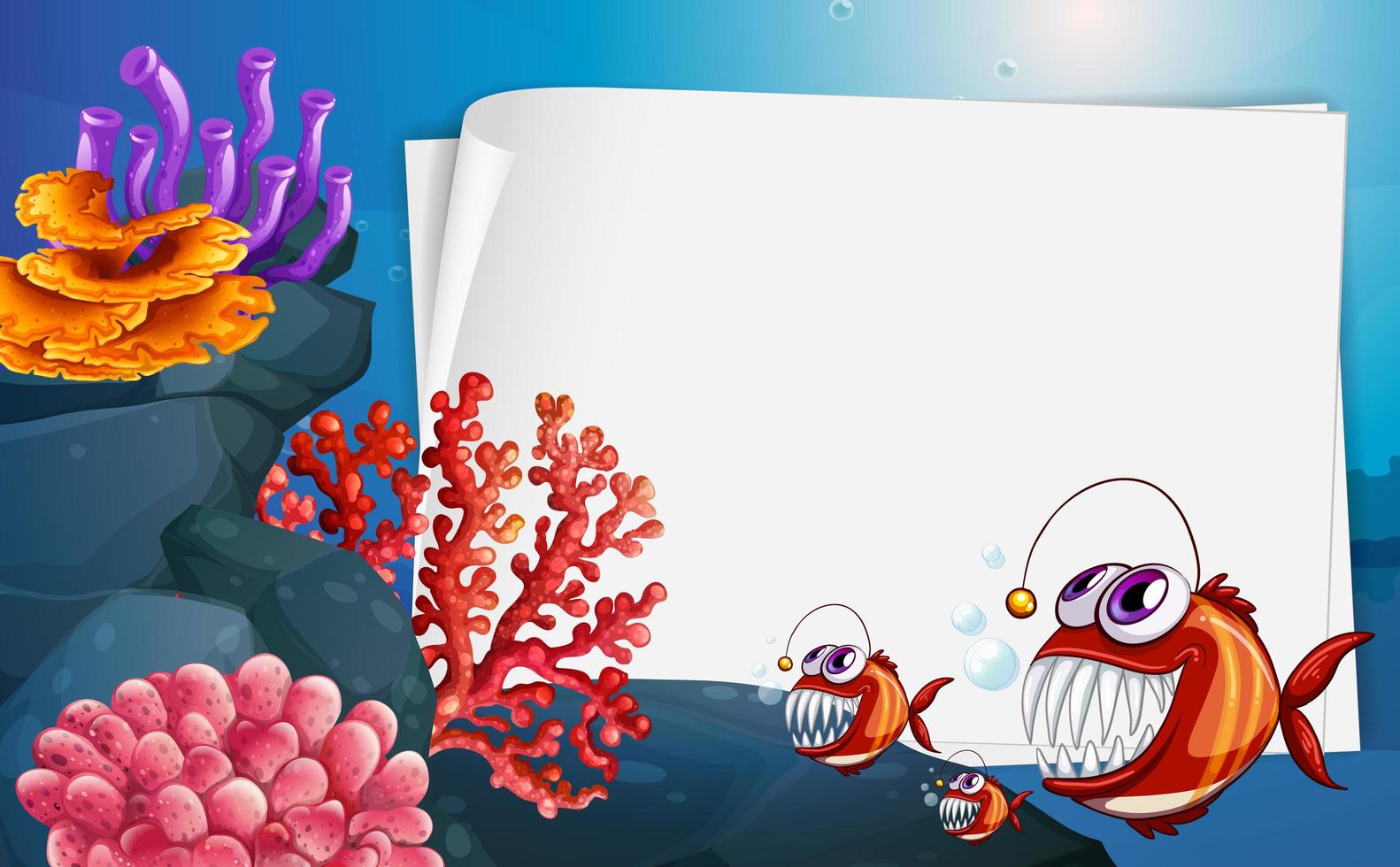 Blank paper banner with angler fish and undersea nature elements on the underwater background vector