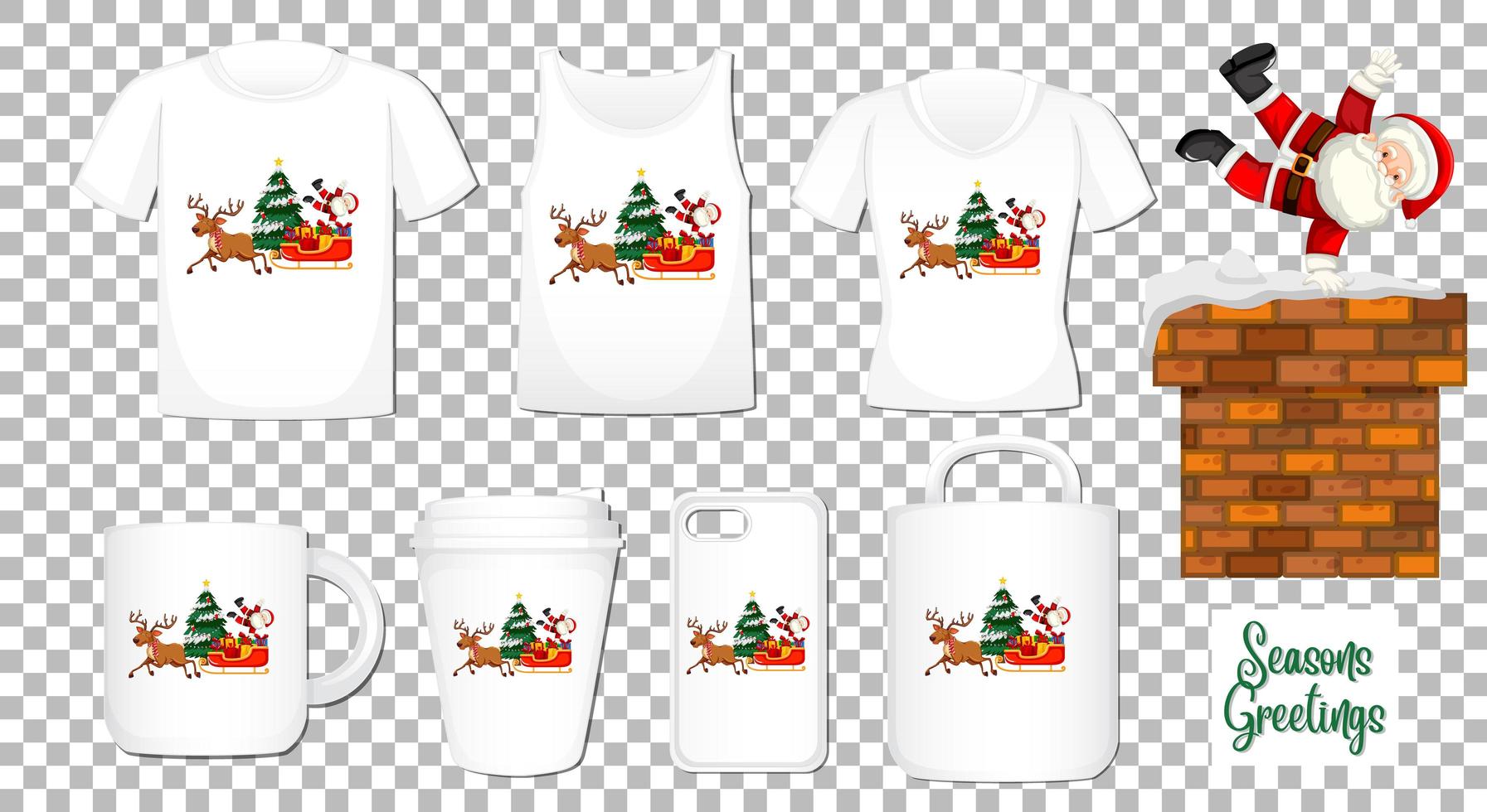 Santa claus bailando personaje de dibujos animados con un conjunto de diferentes productos de ropa y accesorios sobre fondo transparente vector