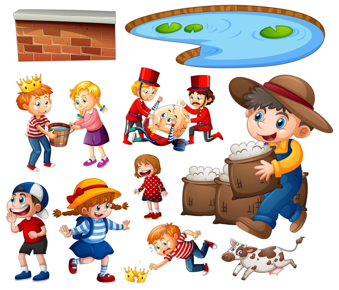 Conjunto de diferentes personajes de rimas infantiles aislado sobre fondo blanco. vector