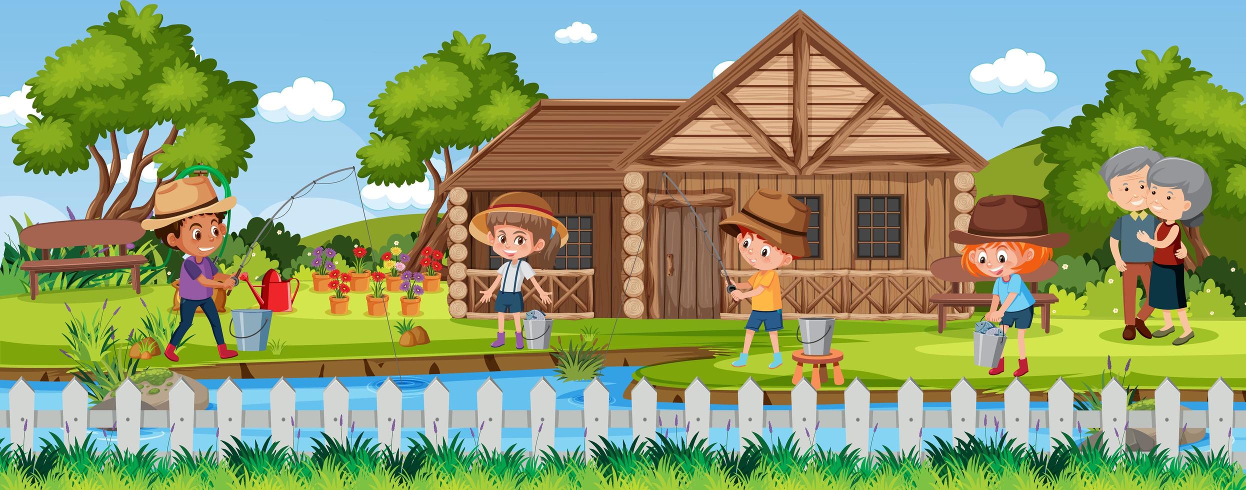 Children fishing in nature scene vector