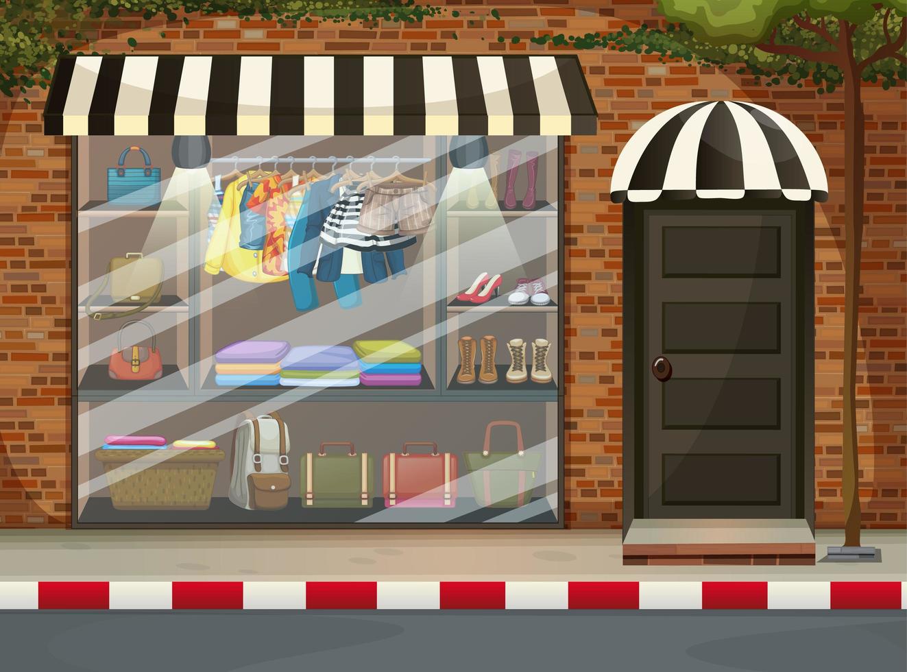 Front of clothing store showcase with clothes and accessories vector