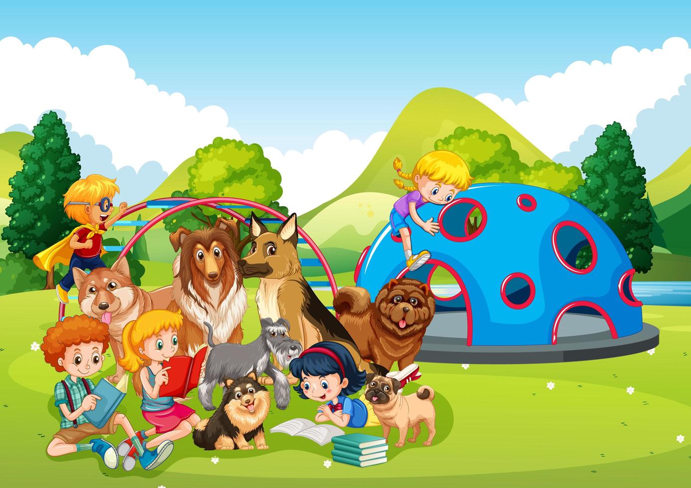 Playground outdoor scene with many children and their pet vector