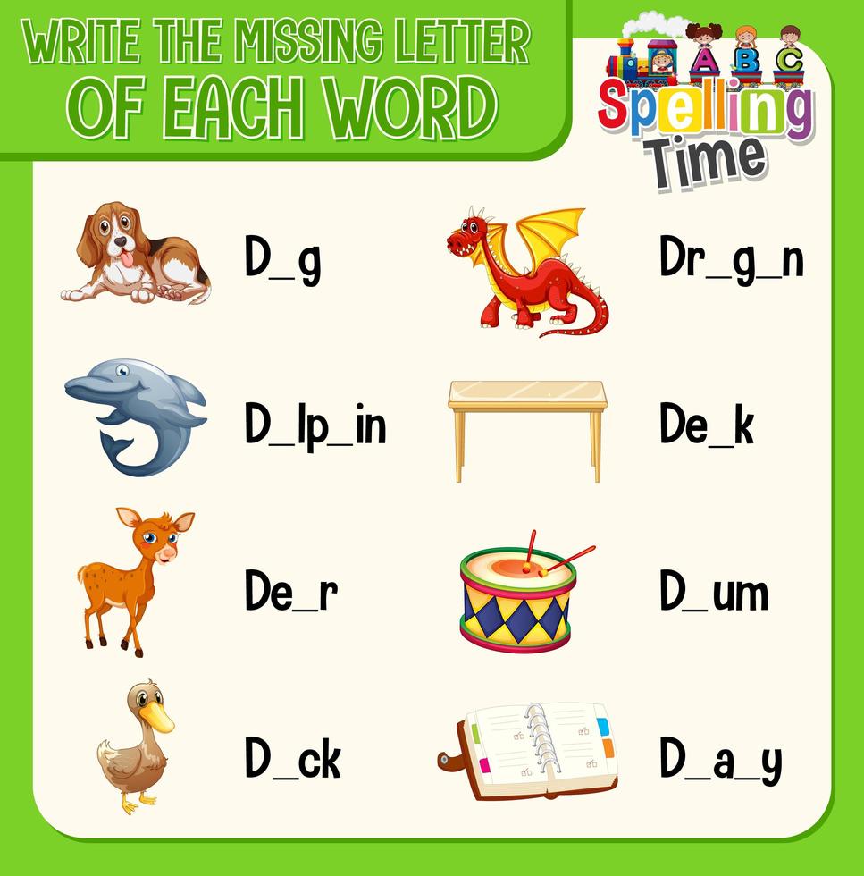Fill the missing letter of each word worksheet for children vector