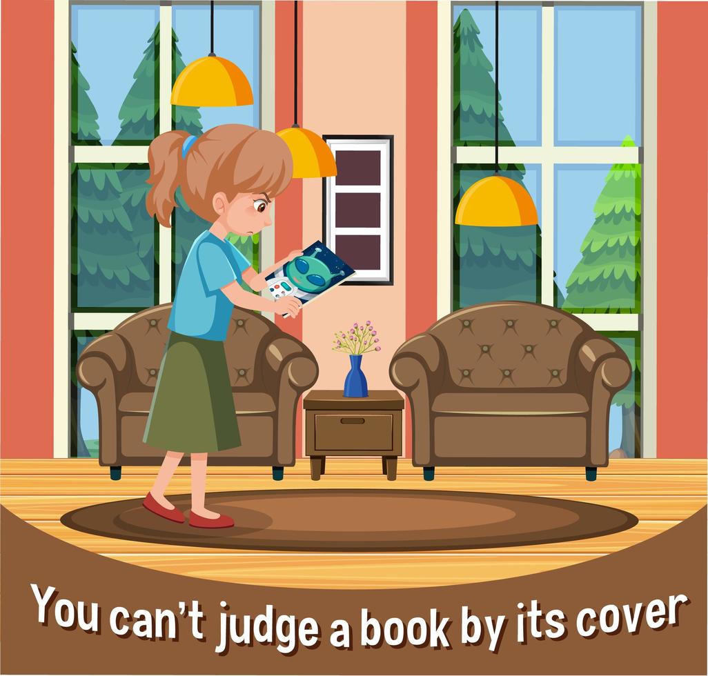 English idiom with picture description for you can't judge a book by its cover vector