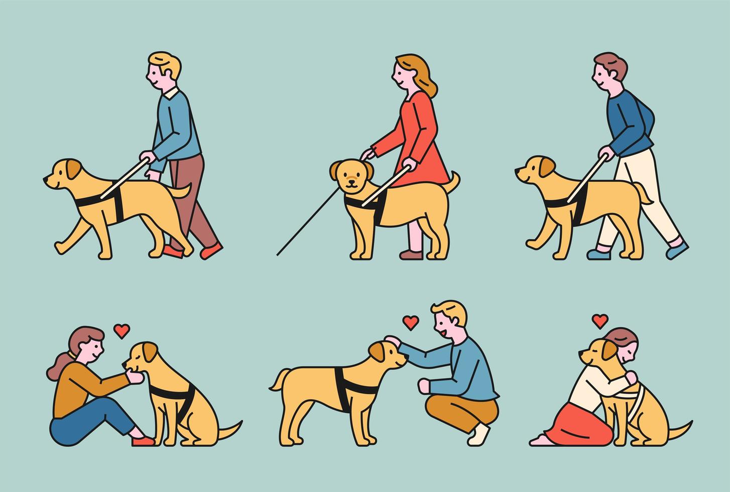 un perro guía ciego y una persona ciega caminando con su ayuda. vector