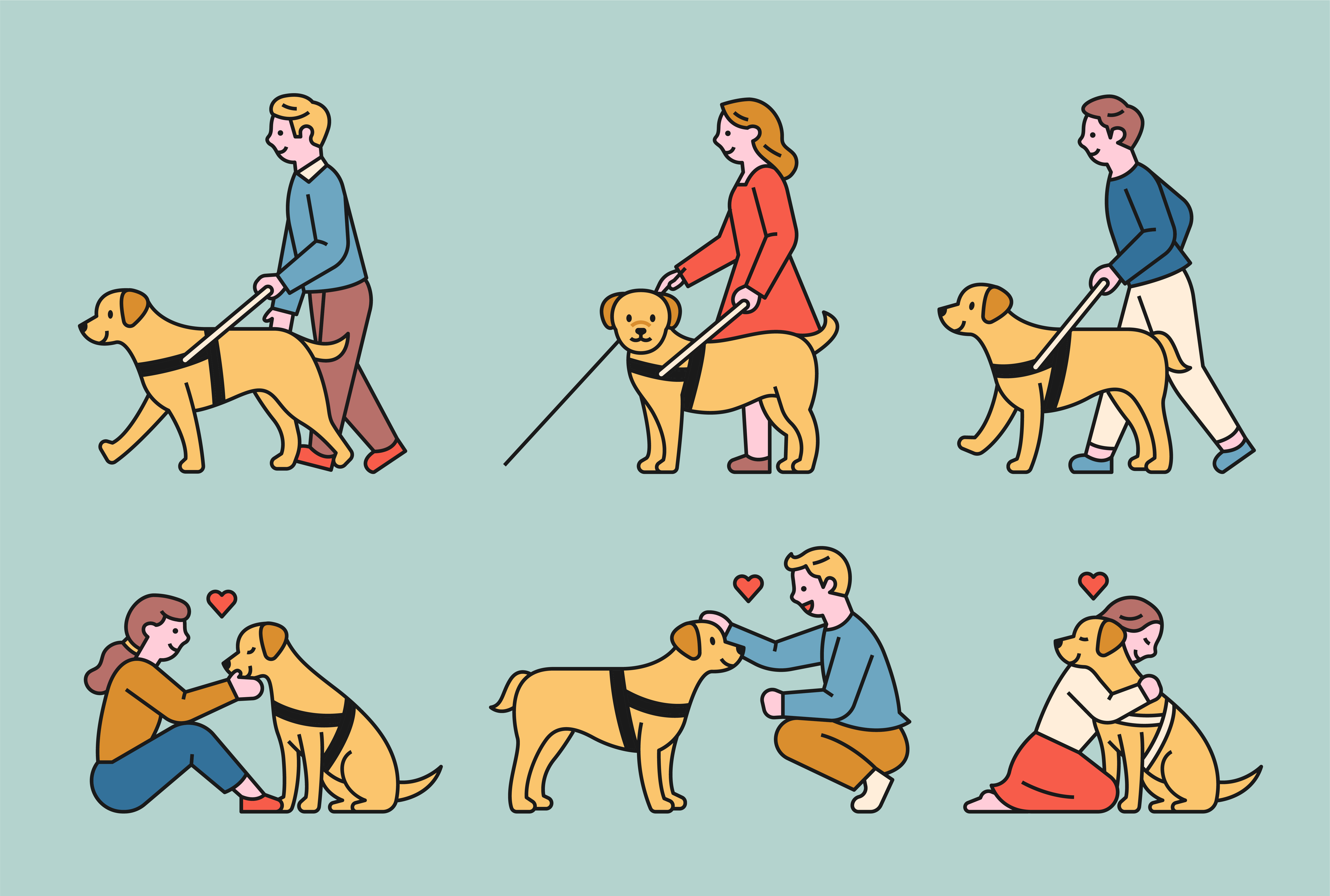 A blind guide dog and a blind person walking with his help