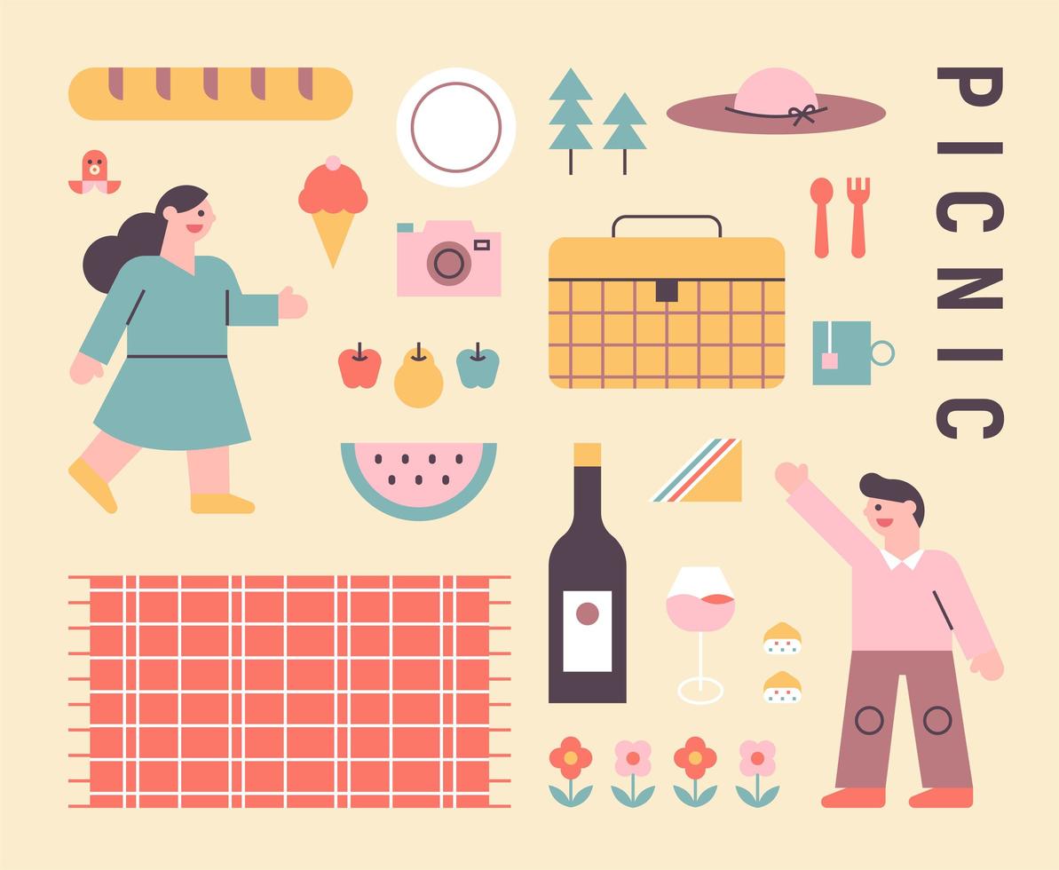 pareja de picnic e iconos de picnic. vector