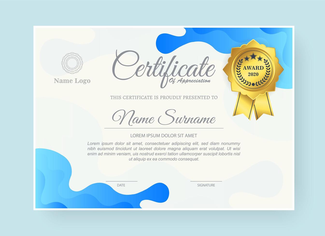 Abstract wave style award certificate in blue vector