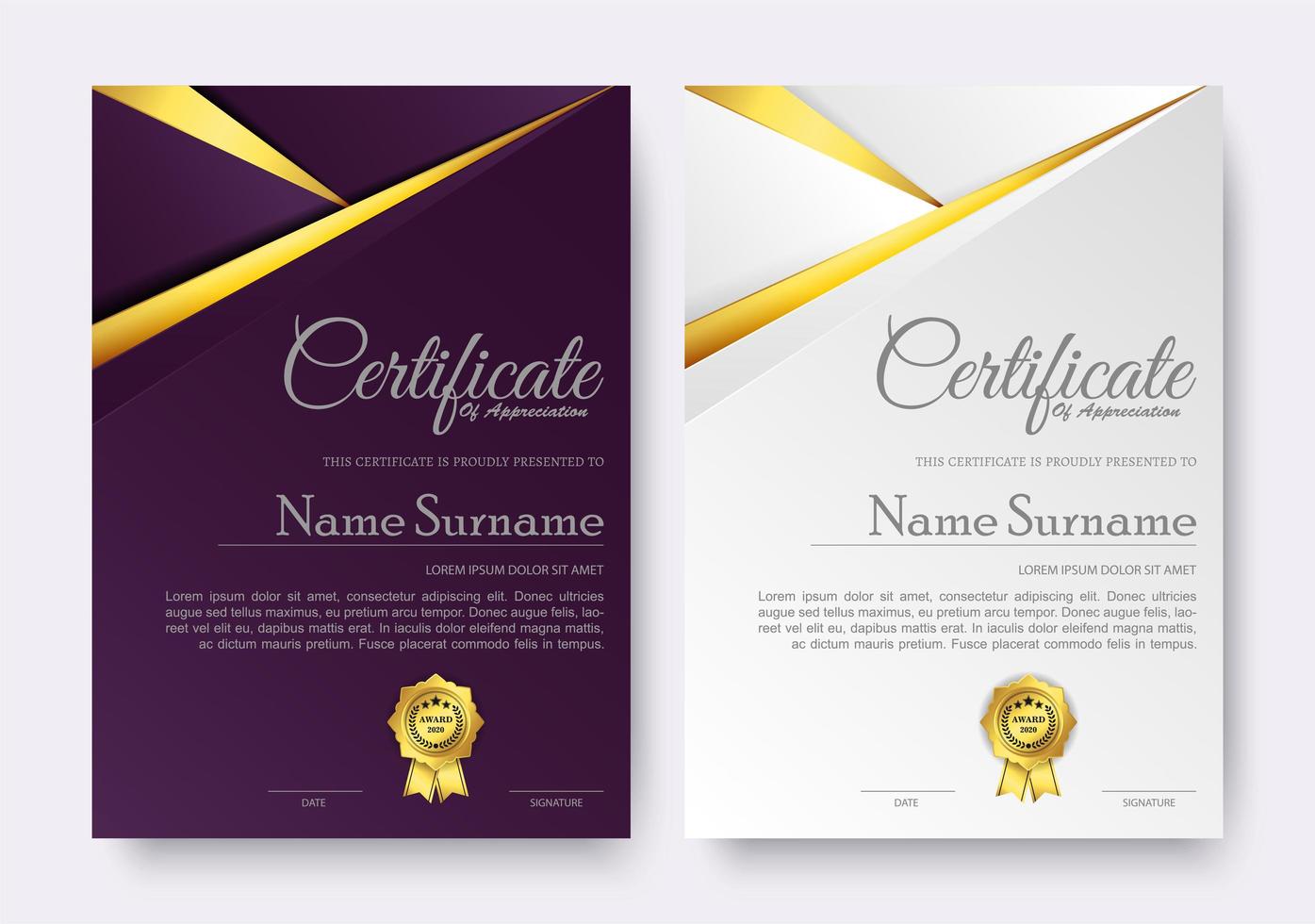 Elegant purple and white certificate award template vector