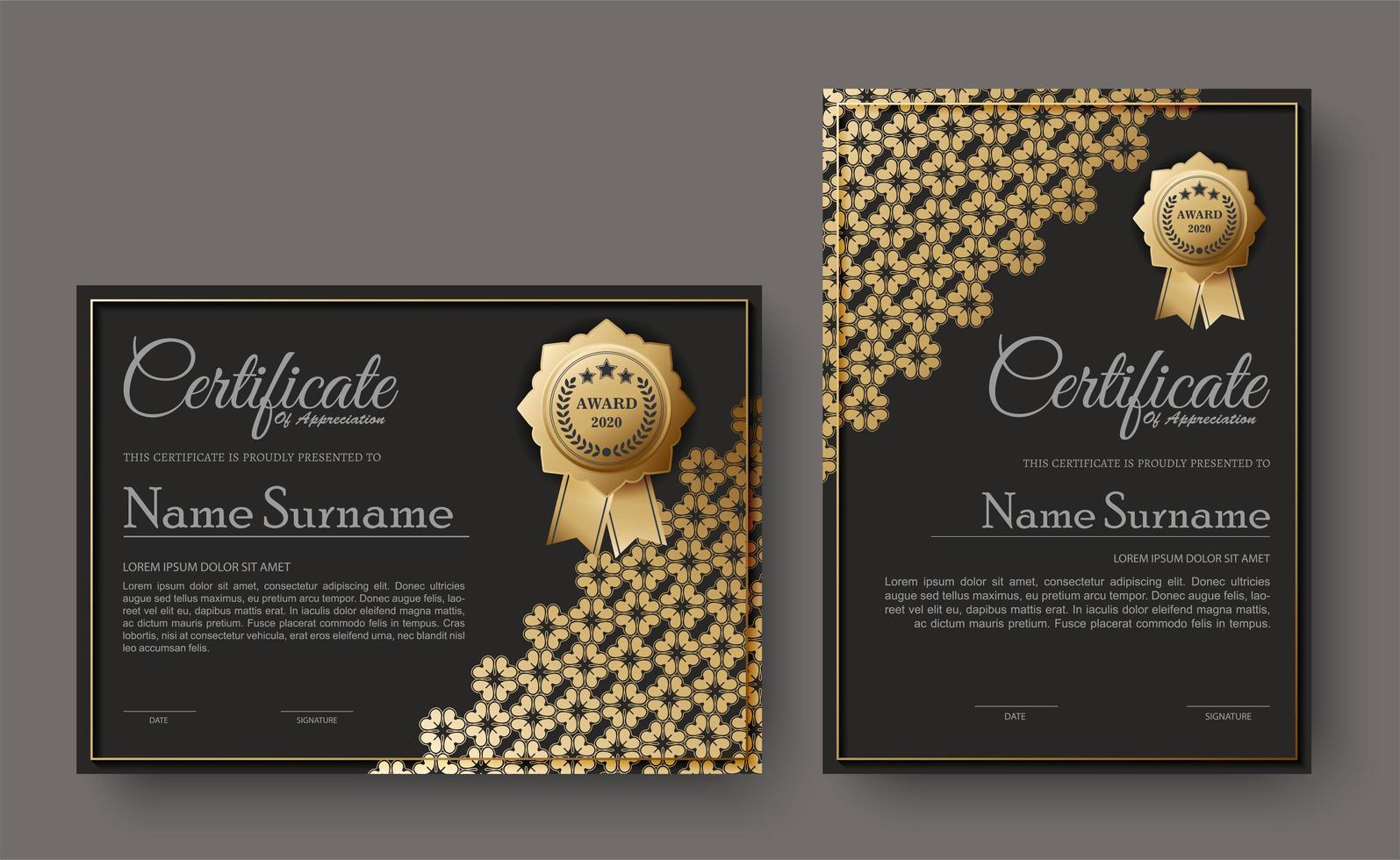 certificado oscuro con conjunto de diseño de patrón floral vector