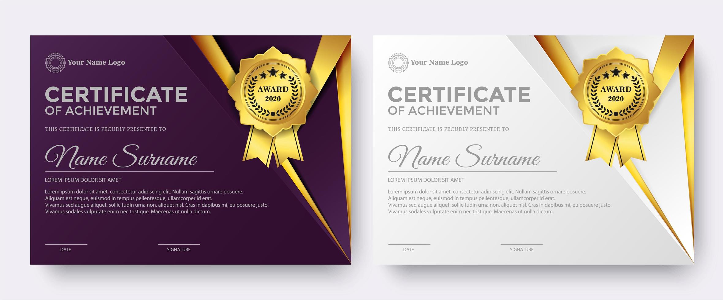 elegante plantilla de premio de certificado morado y blanco vector