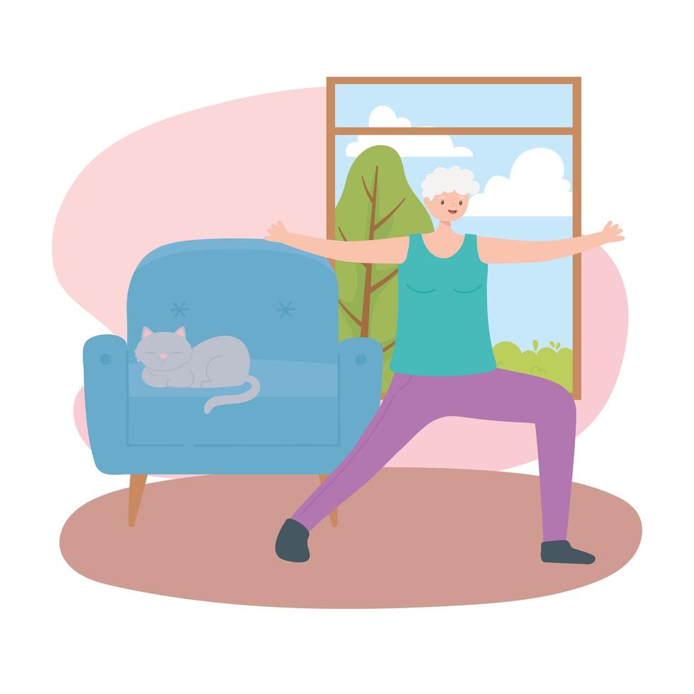 activity seniors, grandma stretching in living room with cat in the sofa vector