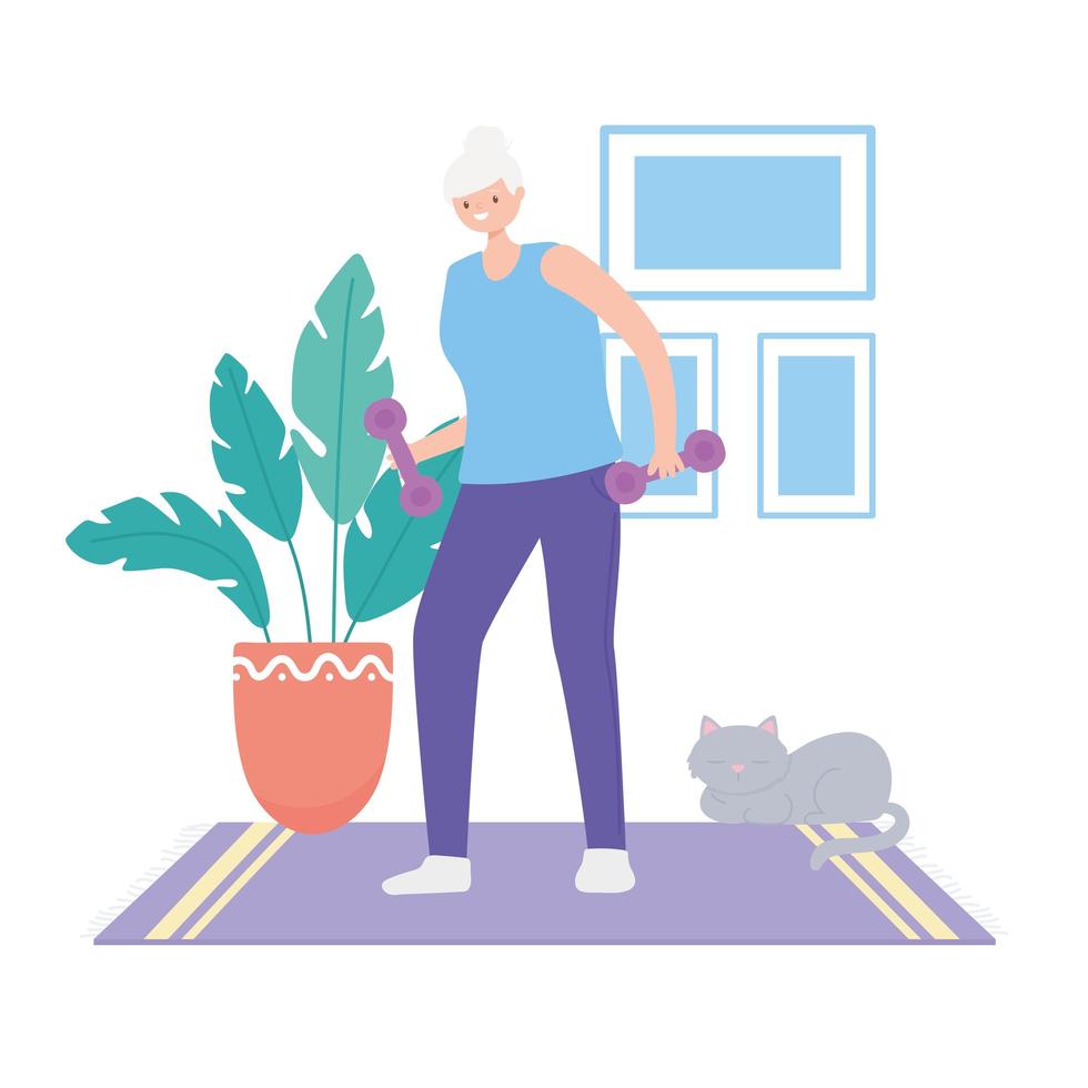 activity seniors, old woman lifting weight in the room vector