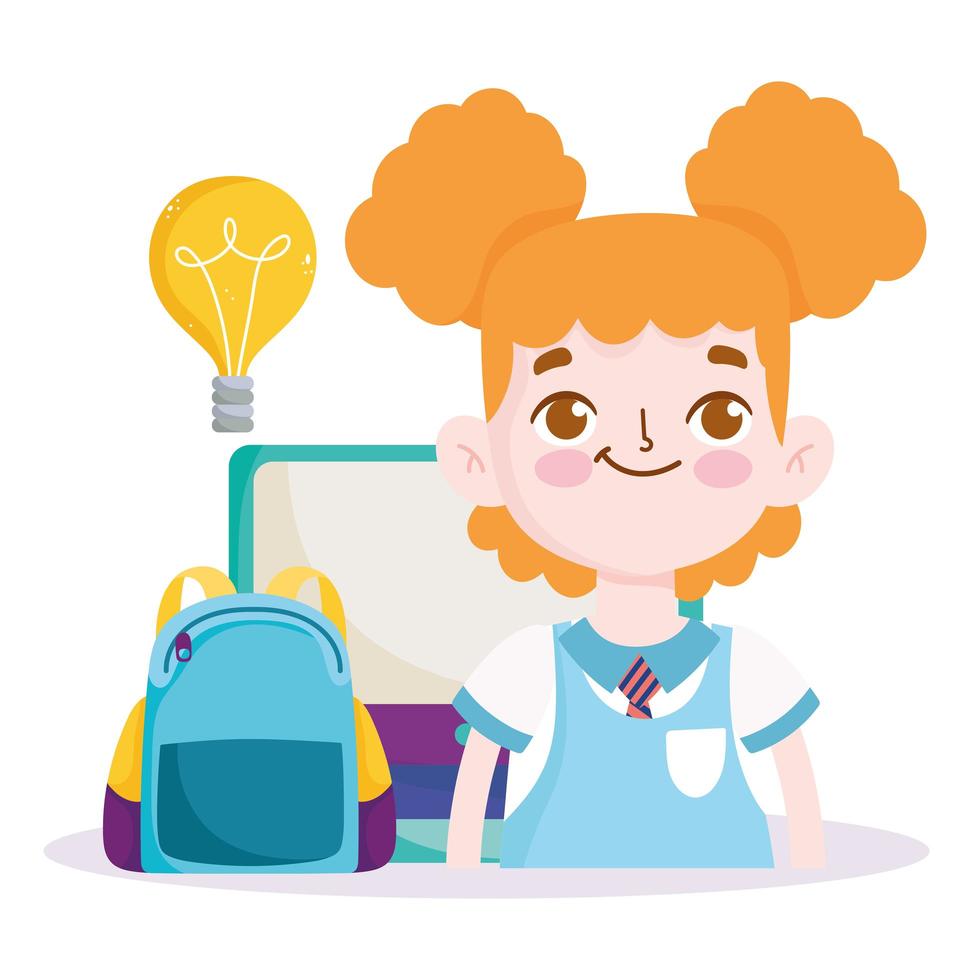 back to school, student girl computer monitor and backpack elementary education cartoon vector