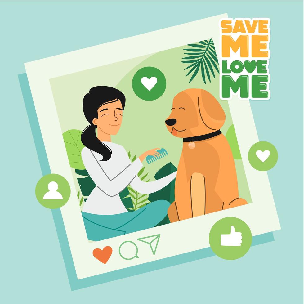 Instagram Photo of Happy Girl Comb Her Dog Concept vector