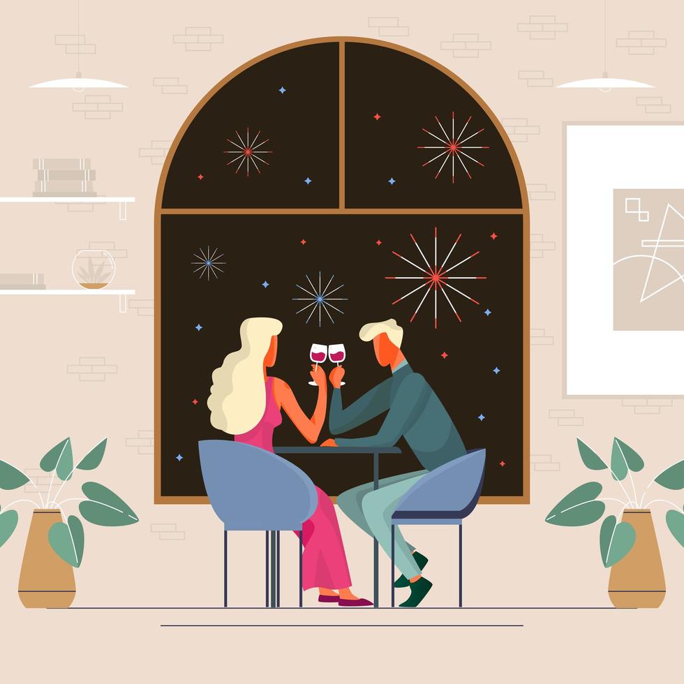 Cena romántica con concepto de vista de fuegos artificiales vector