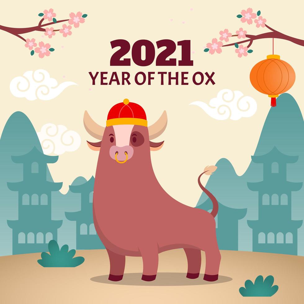 Cute Ox Wearing Traditional Chinese Hat vector
