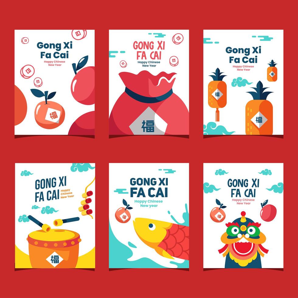 Modern Flat Cute Gong Xi Fa Cai Cards vector