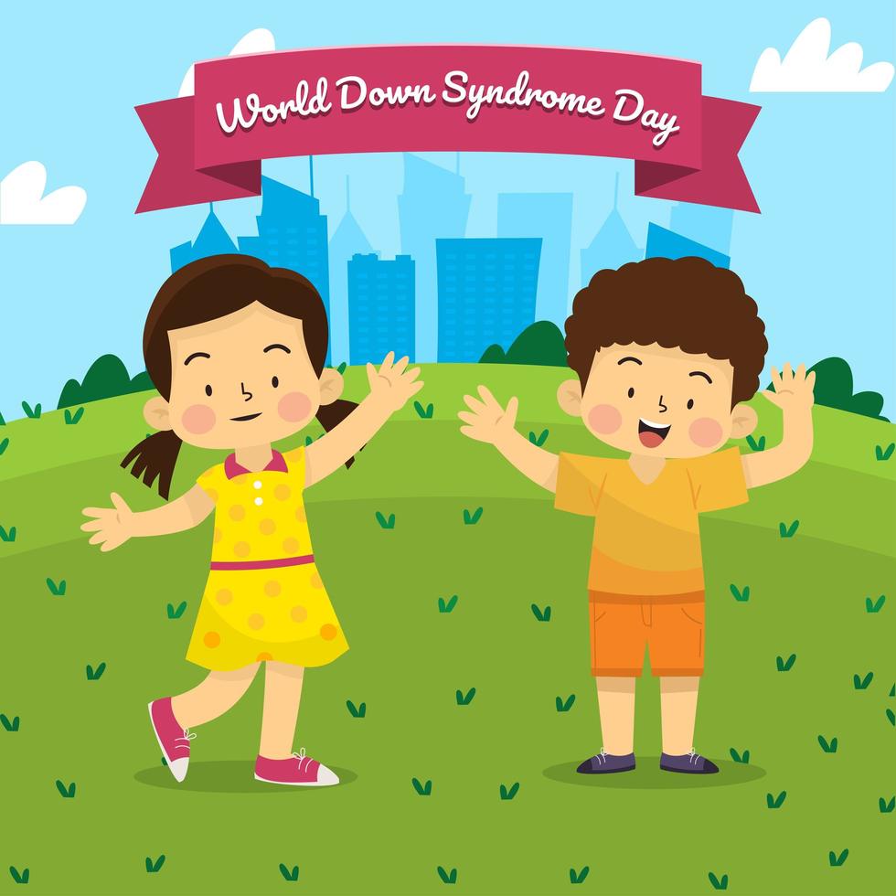 Happy Down Syndrome Boy and Girl Play in Park with Cities Background on Blue Sky Day vector