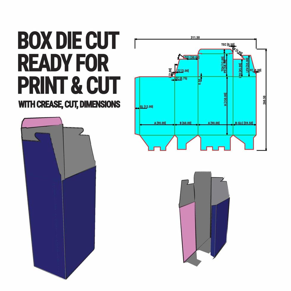 plantilla de cubo troquelado de caja con vista previa en 3D organizada con corte, pliegue, modelo y dimensiones vector