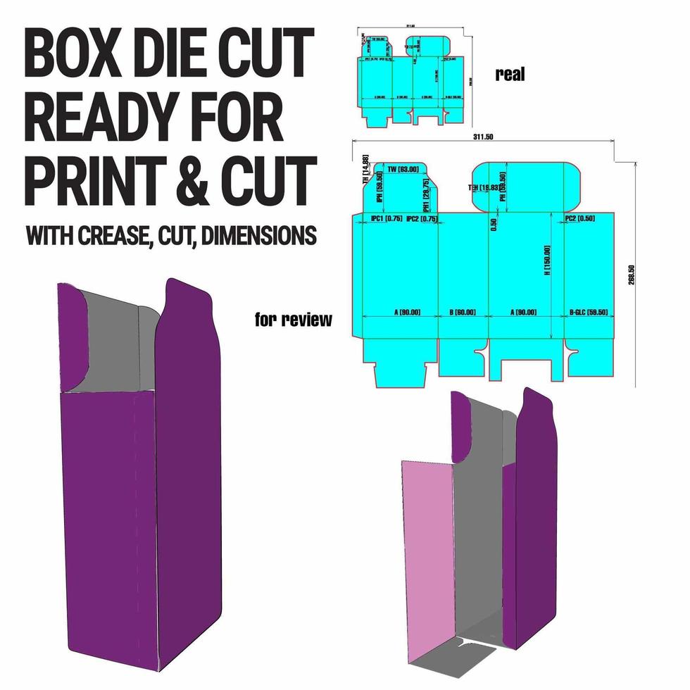 plantilla de cubo troquelado de caja con vista previa en 3D organizada con corte, pliegue, modelo y dimensiones vector