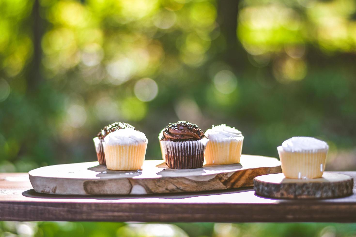 cupcakes en rodajas de madera foto