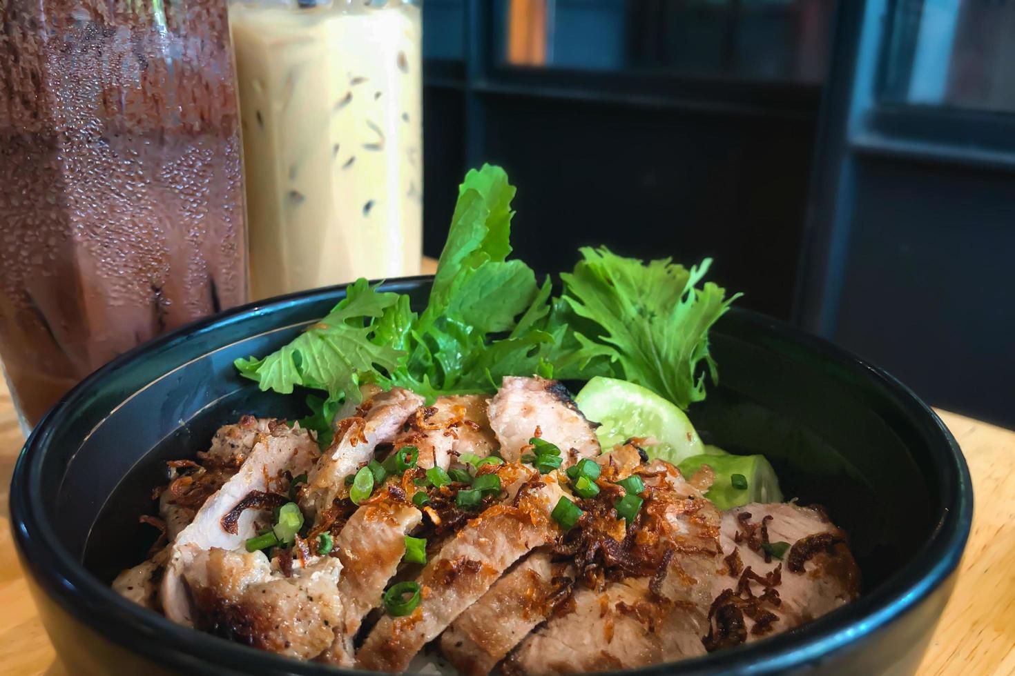 Close-up of a pork rice bowl photo