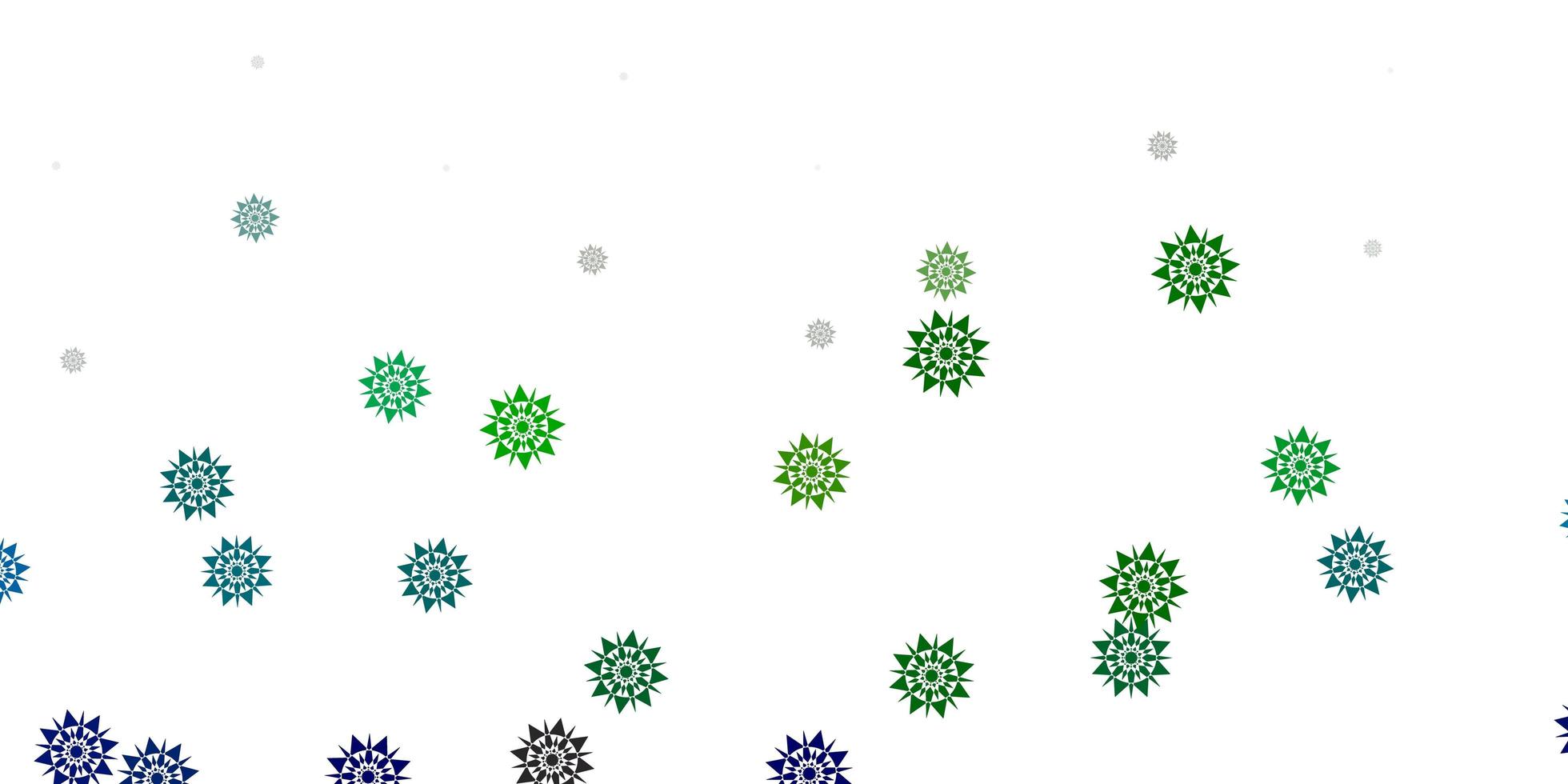 vector verde claro hermoso telón de fondo de copos de nieve con flores.
