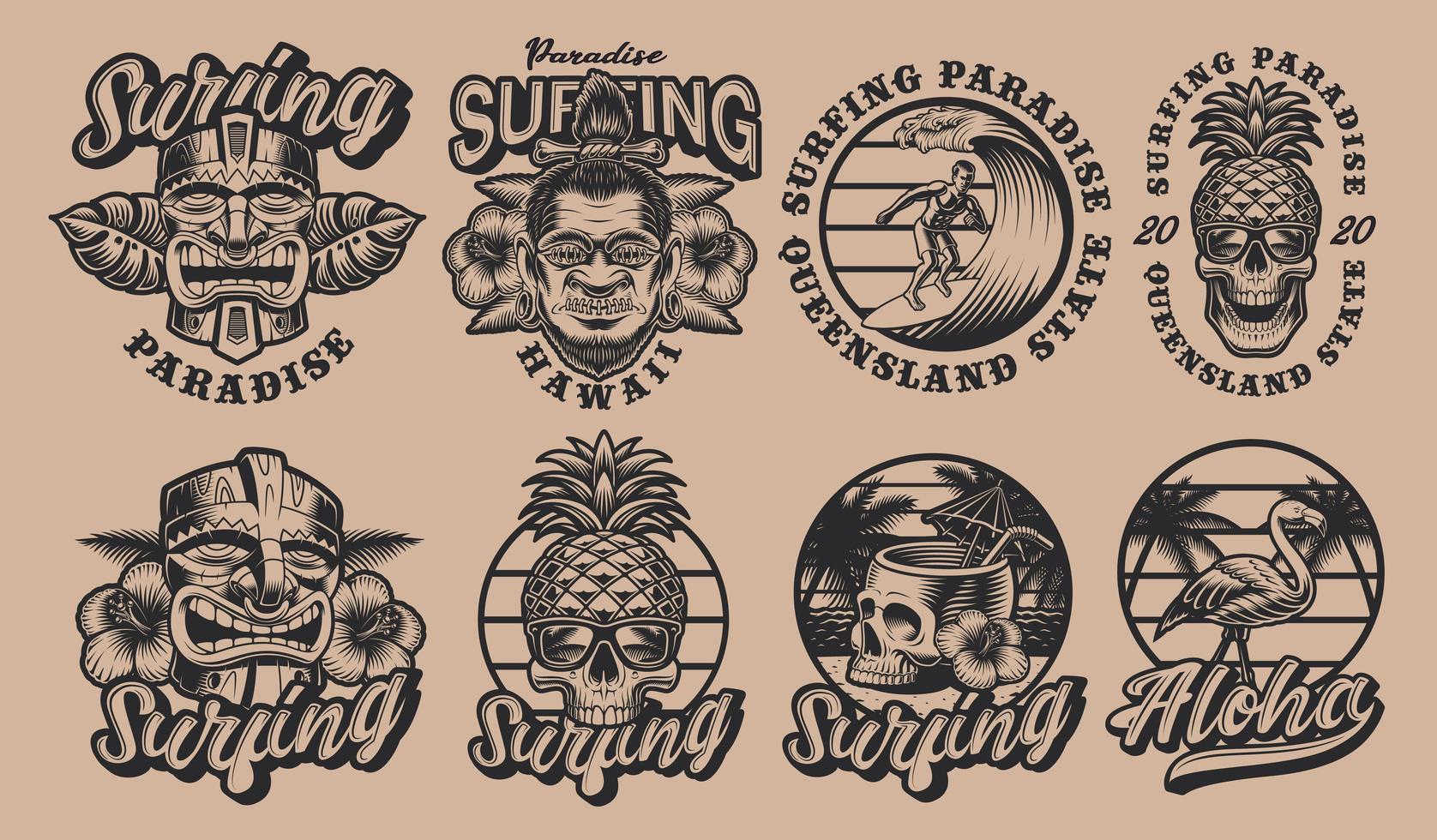 blanco y negro conjunto de ilustraciones de surf de Hawaii vector