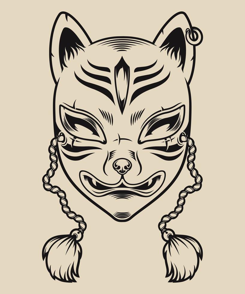 Black and white illustration of a Japanese fox mask vector