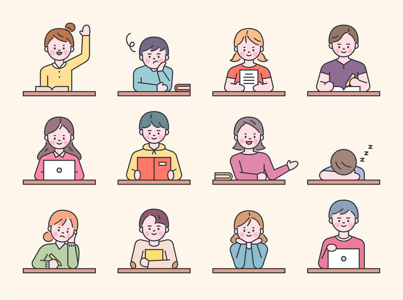 Students sitting at desks in school class. vector