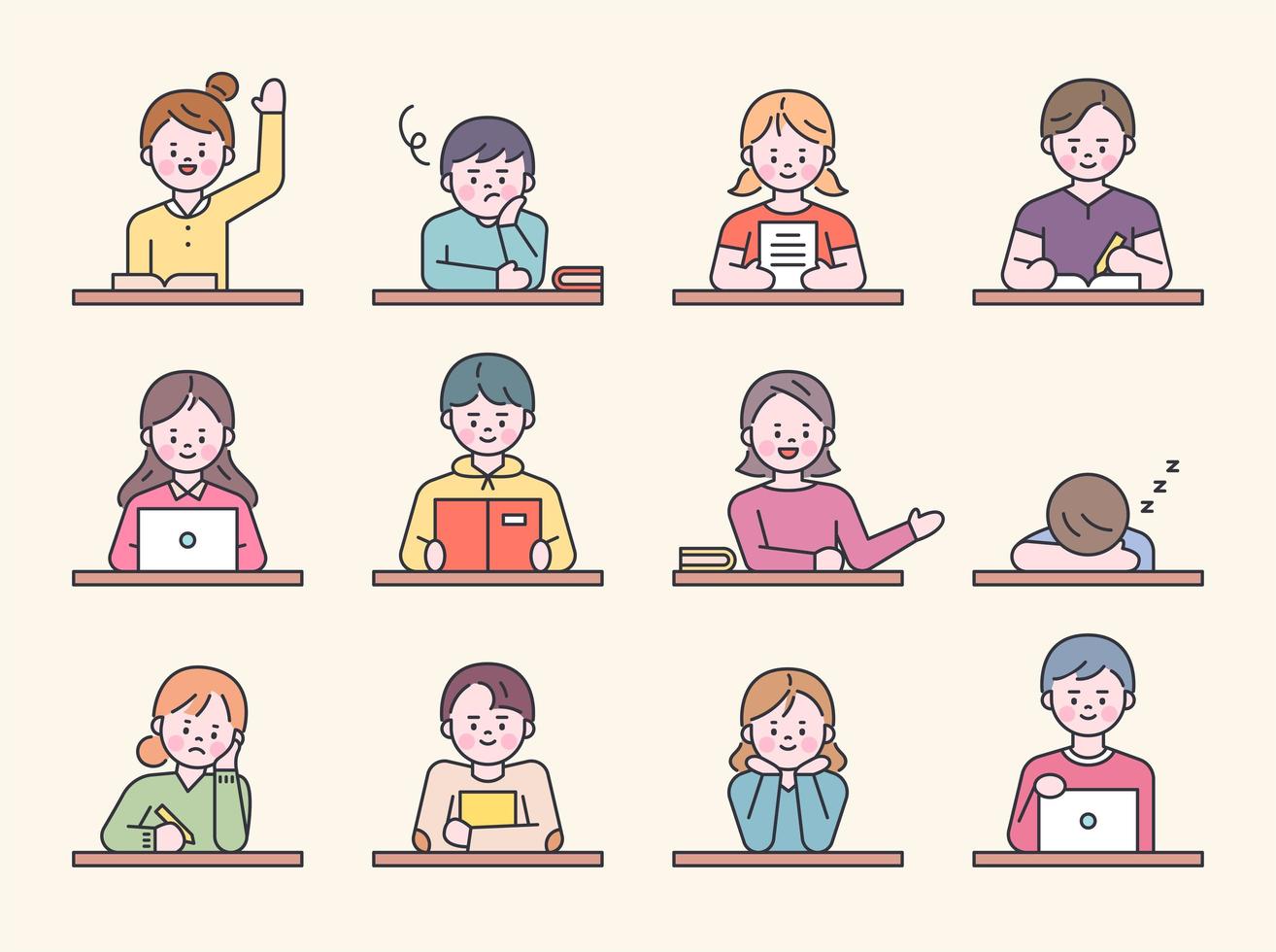 Students sitting at desks in school class. vector