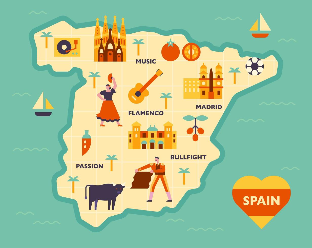 Composition of cultural icons on the Spanish map. vector