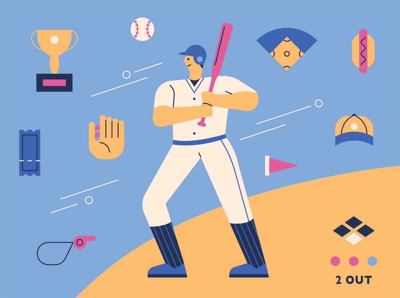 personaje de jugador de béisbol y conjunto de iconos de suministros. vector