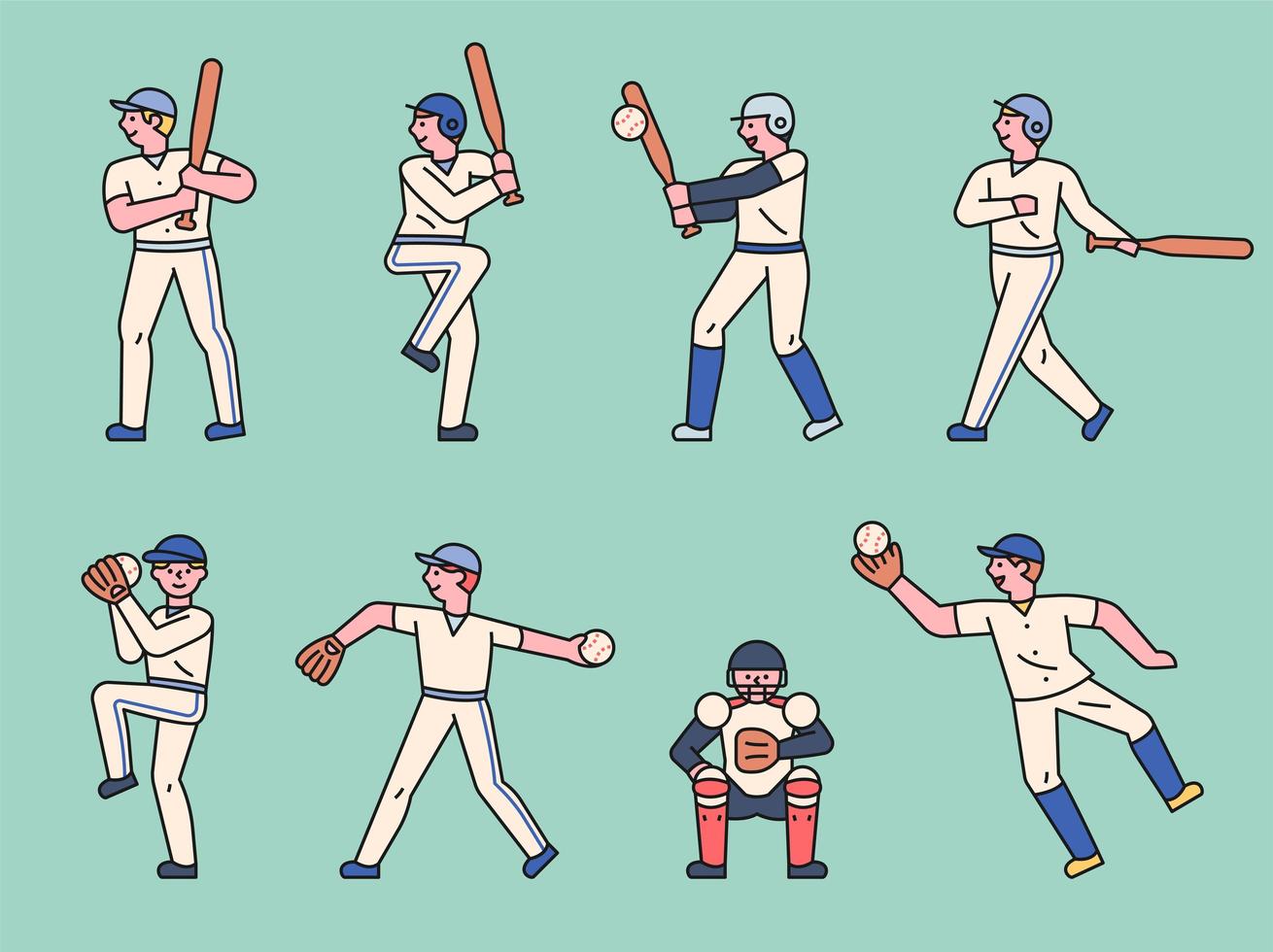 lindo juego de caracteres de jugador de béisbol. vector