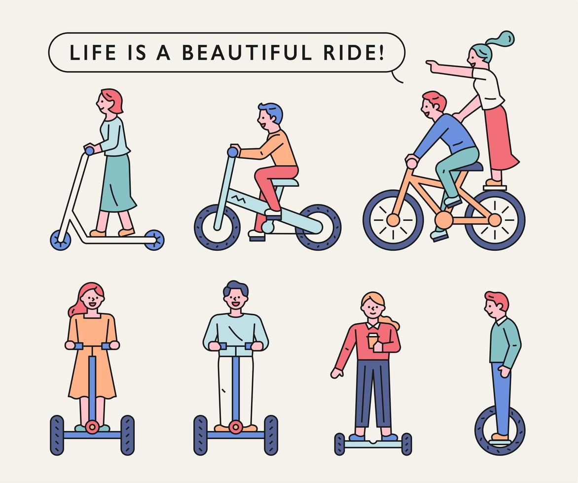 People are riding on various means of transportation. vector