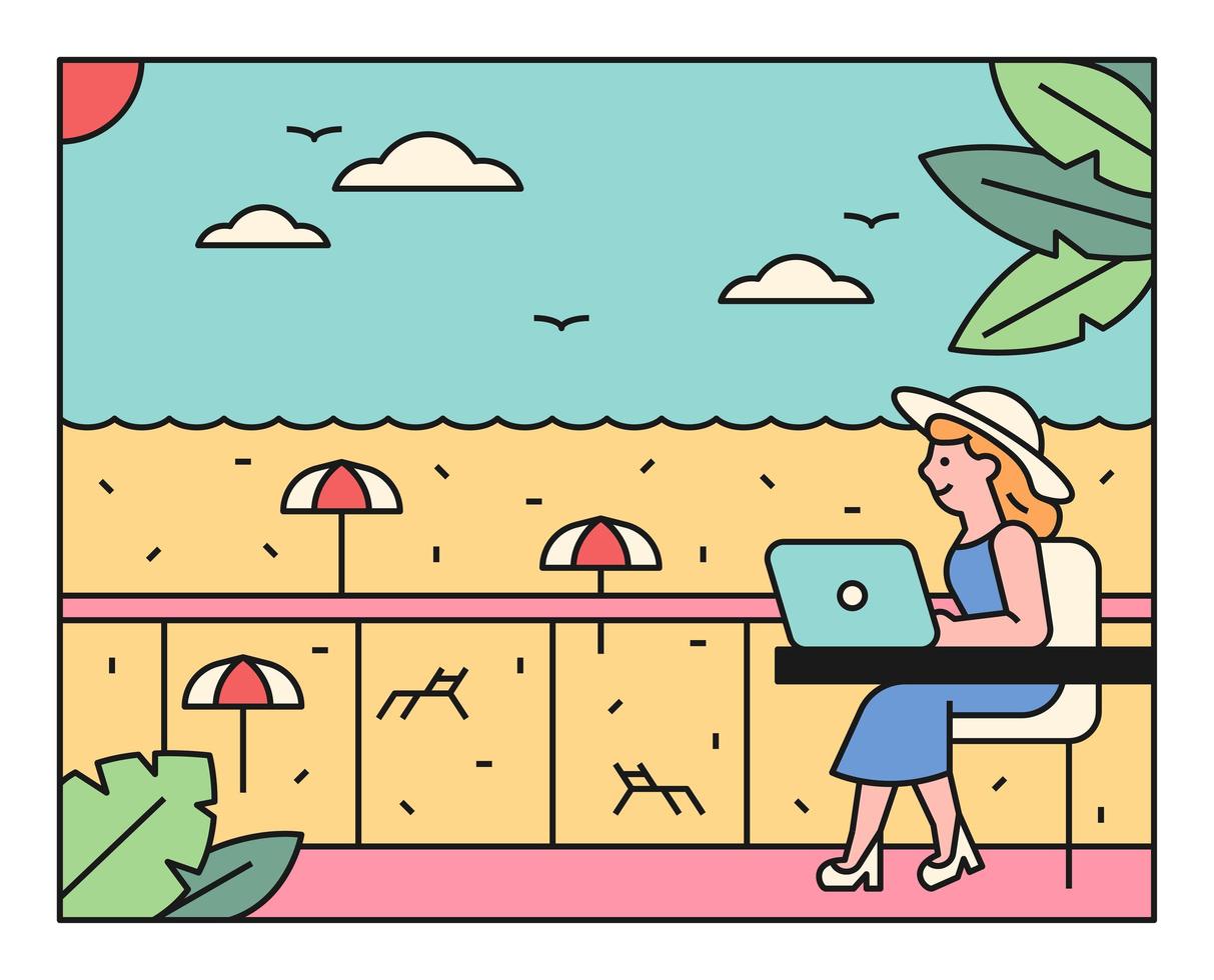 A woman working on vacation at the beach. vector