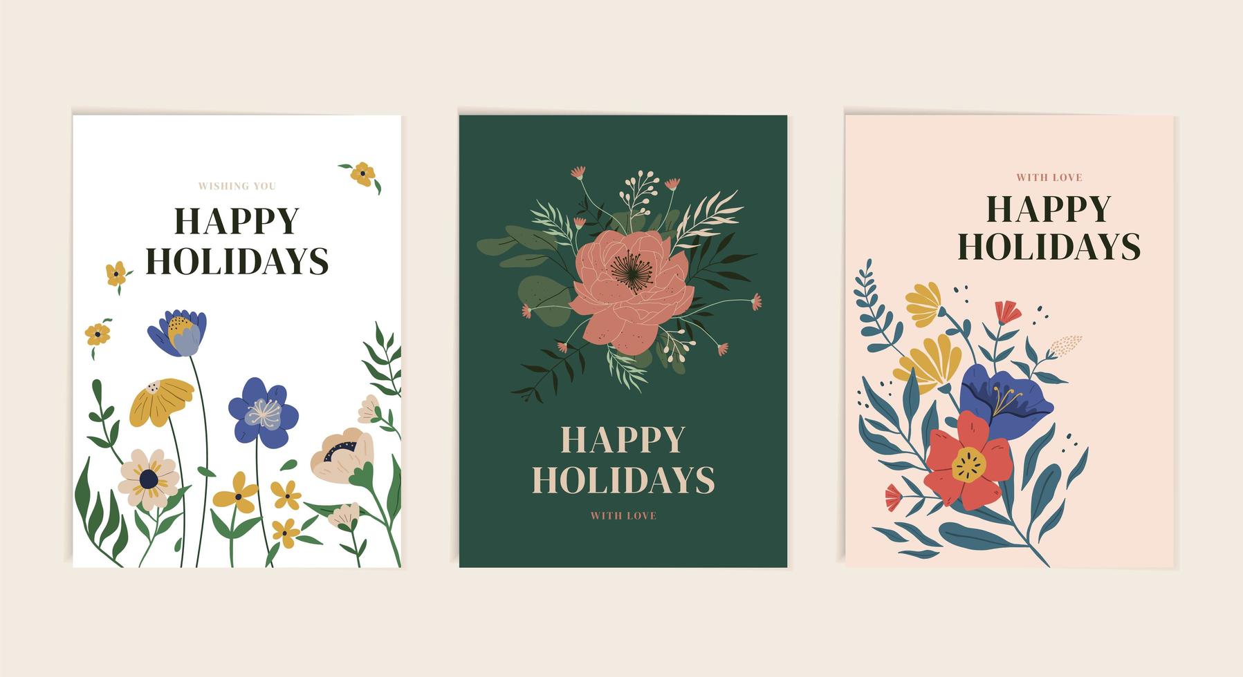 conjunto de plantillas de tarjeta de felicitación de felices fiestas botánicas vector