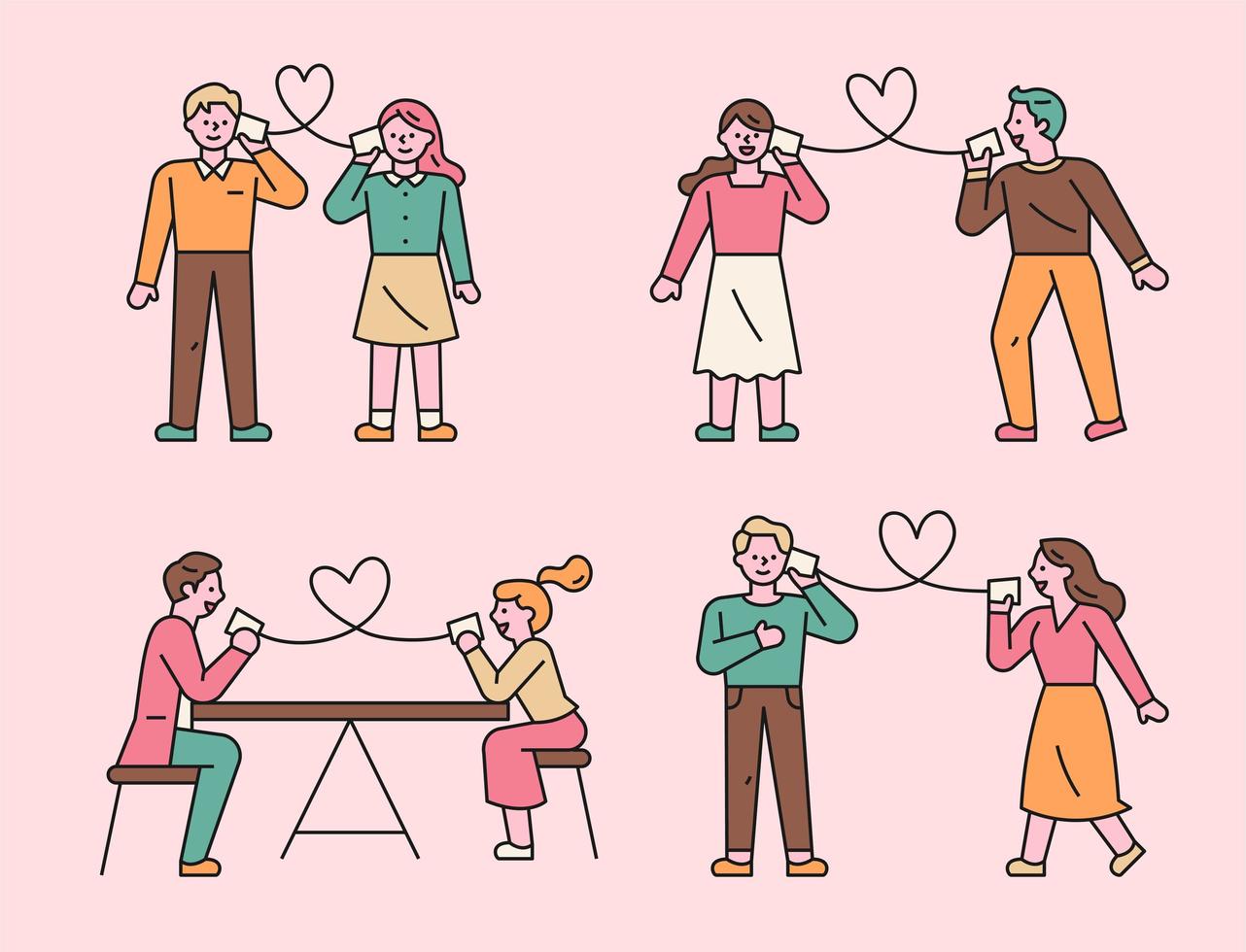 las parejas están llamando por teléfonos de papel. vector