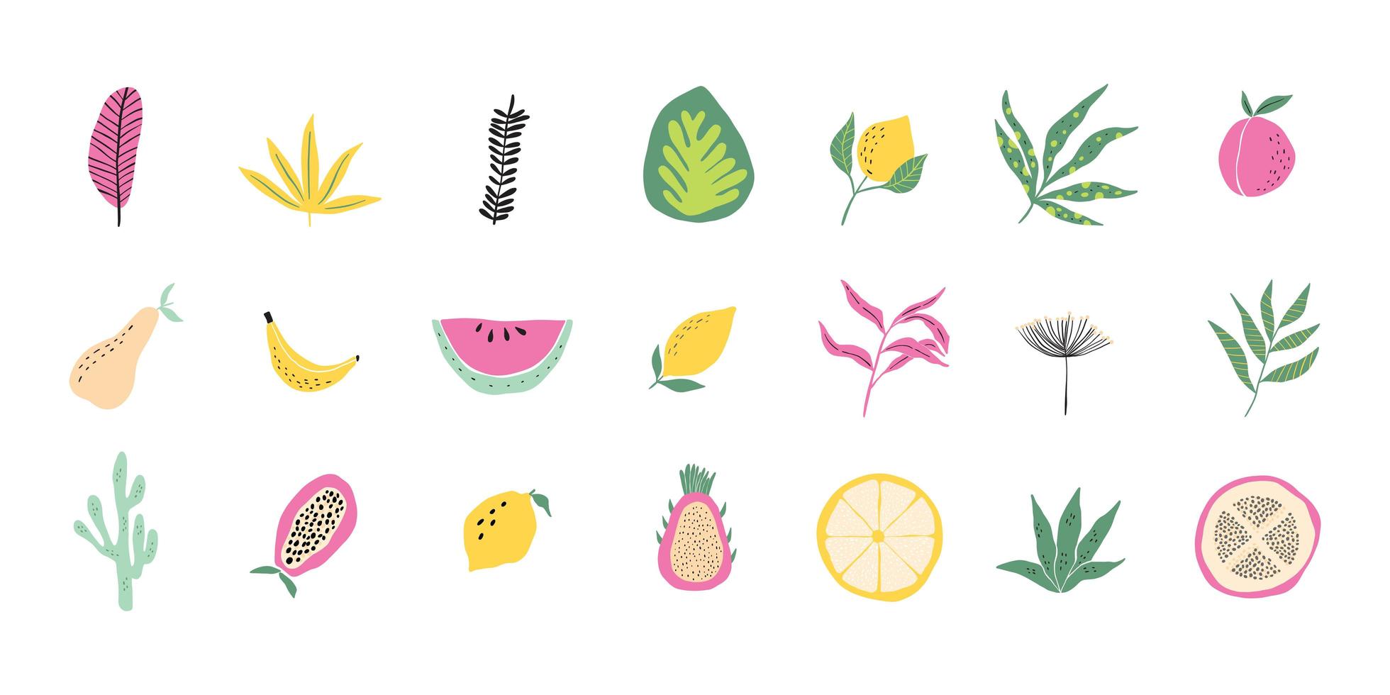 colección contemporánea de frutas tropicales y hojas de bosque vector