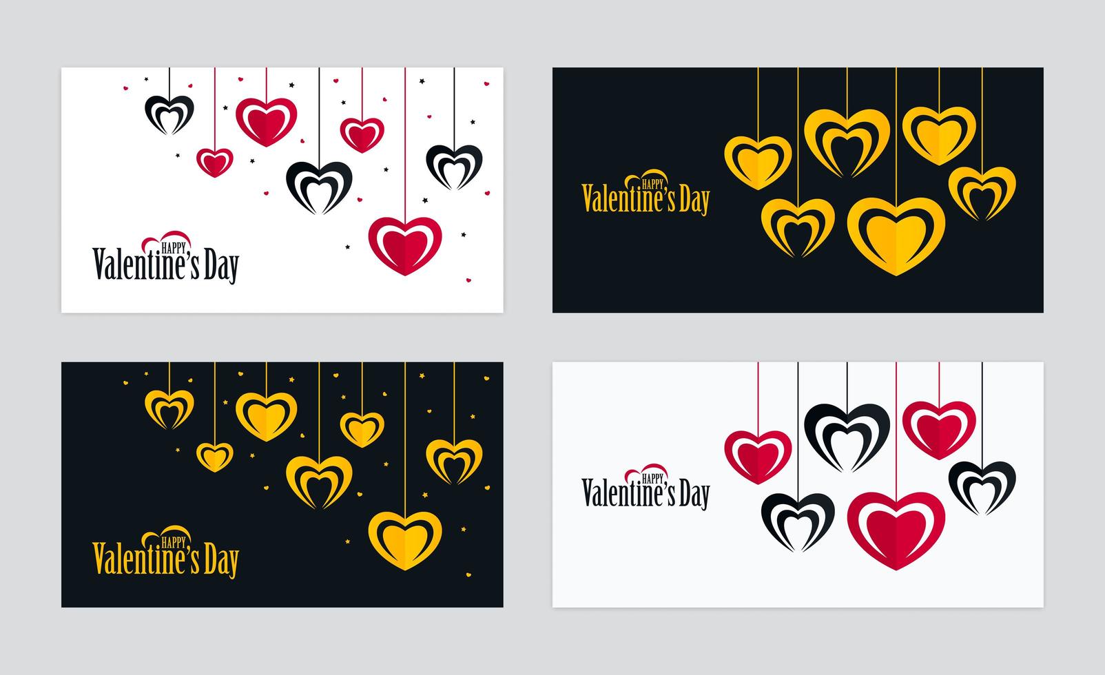 Ornate Horizontal Valentines Day Cards with Hanging Heart Shapes Set vector